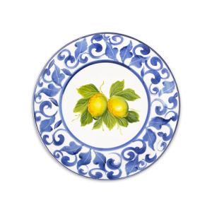 Piatto frutta in ceramica decorata limoni damascato blu