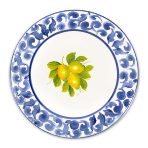 Piatto piano in ceramica decorata limoni e damascato blu