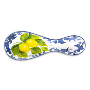 Poggiamestolo in ceramica decorata limoni damascato blu