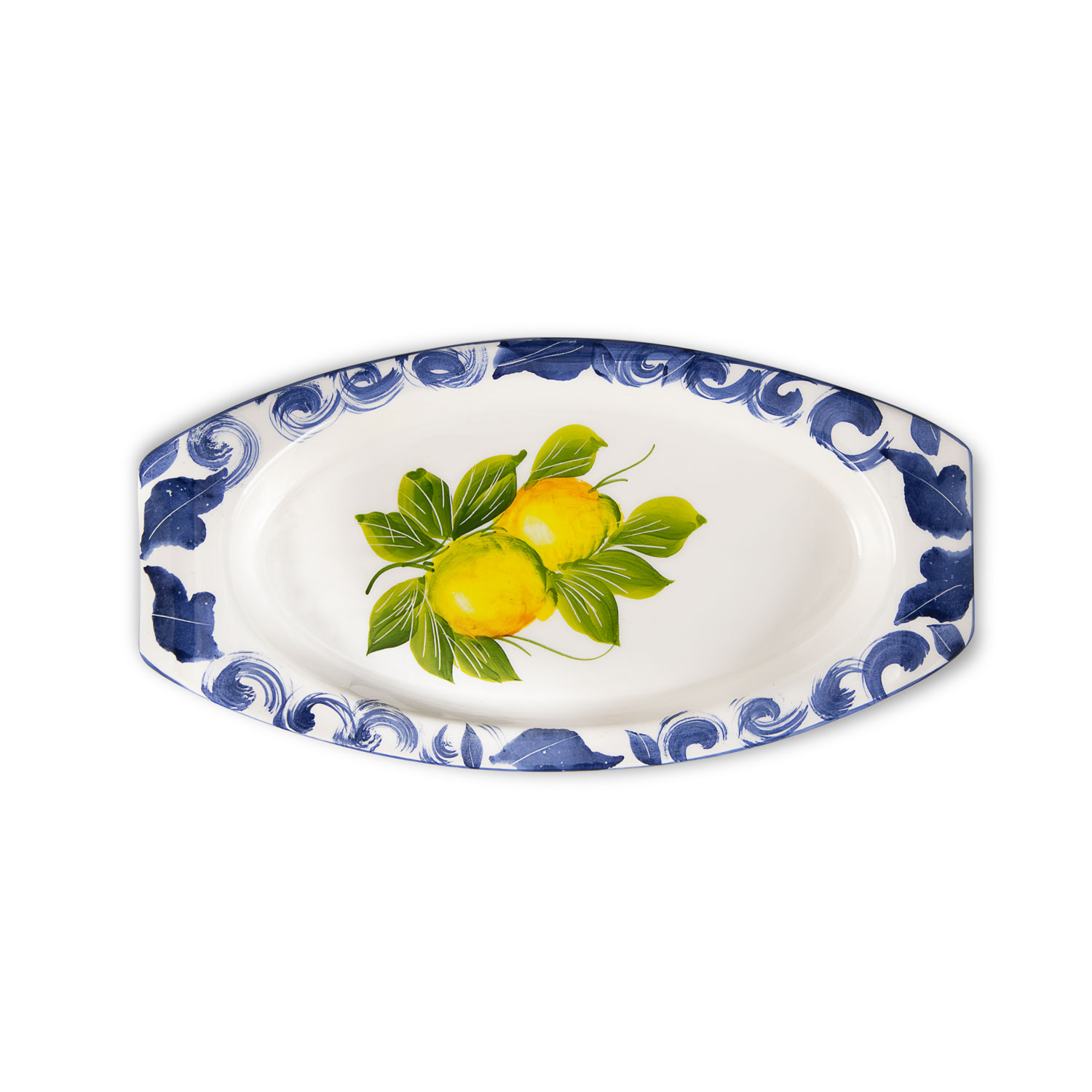 Vassoio da aperitivo in ceramica decorata limoni damascato blu