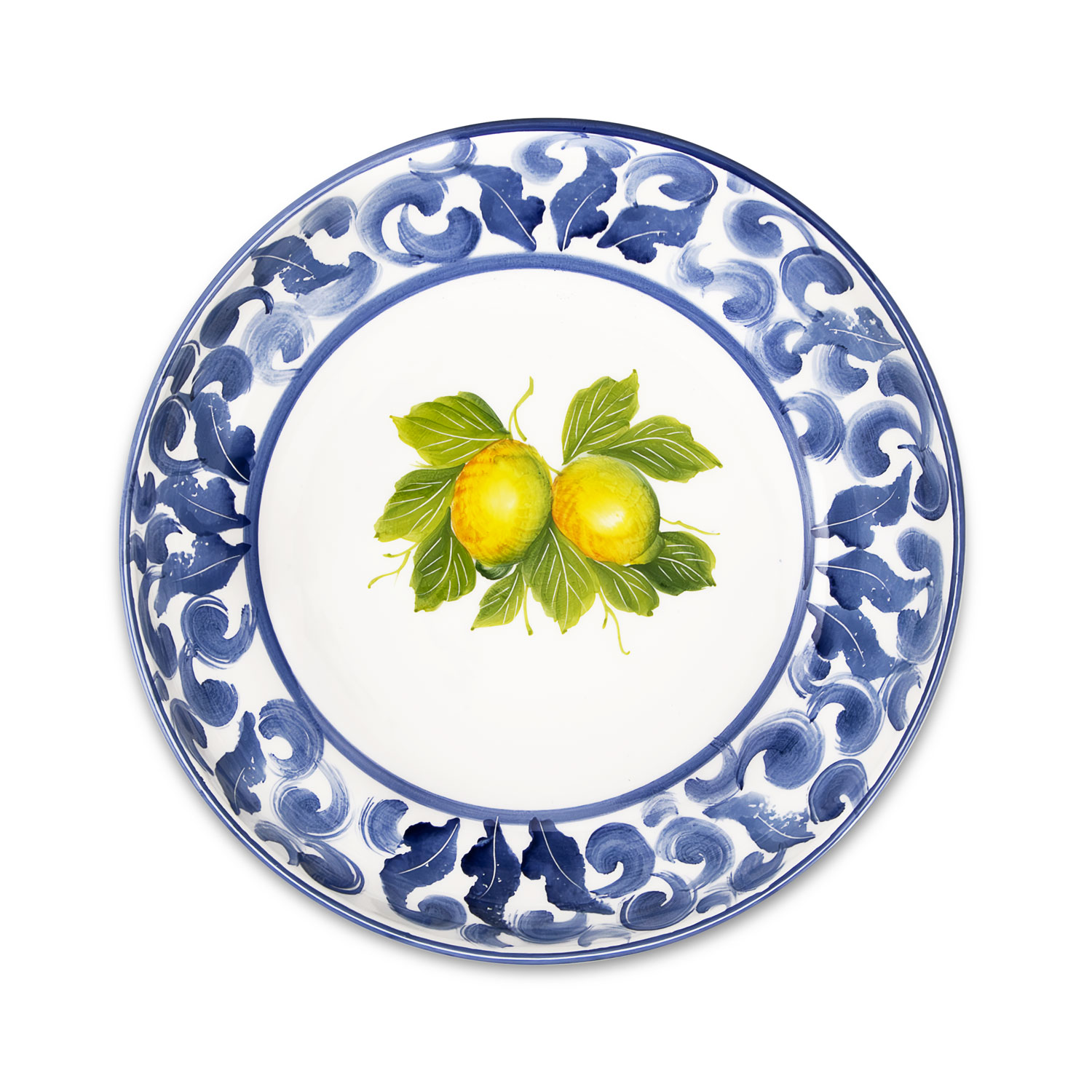 Piatto fondo in ceramica decorata limoni damascato blu