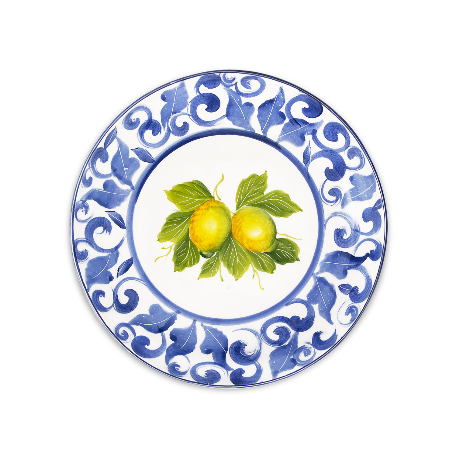 Keramischer Obstteller dekoriert Zitronen Damast blau