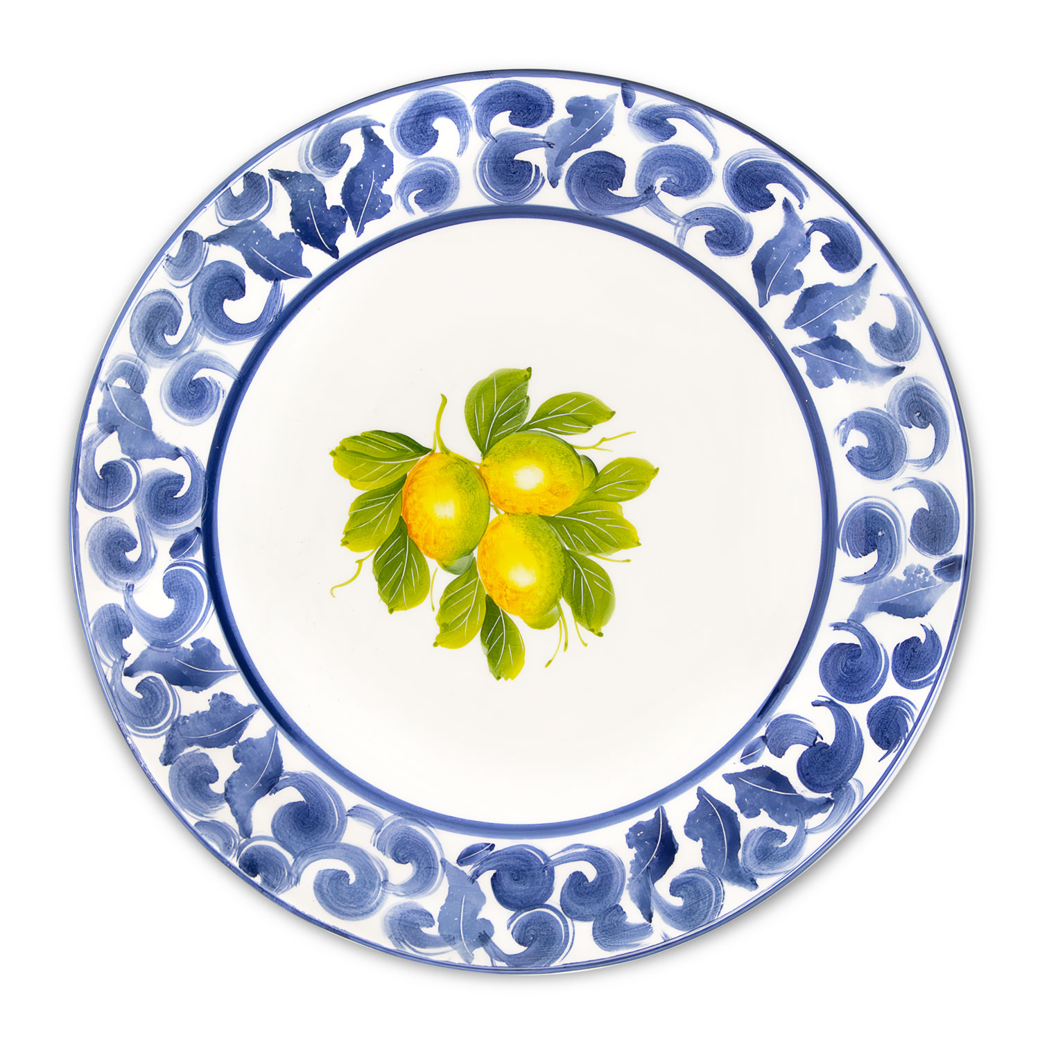 Piatto piano in ceramica decorata limoni e damascato blu