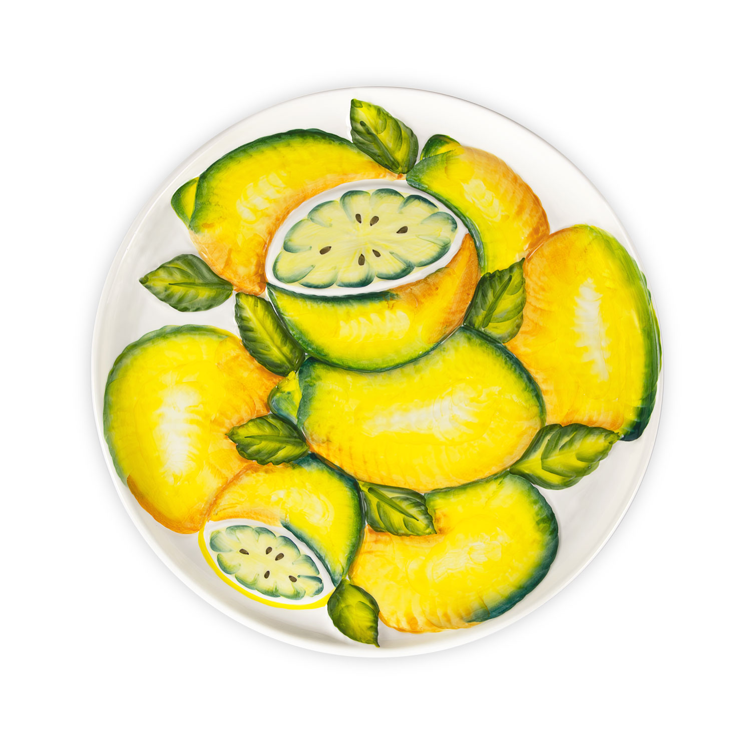 Piatto piano in ceramica decorata con limoni in rilievo
