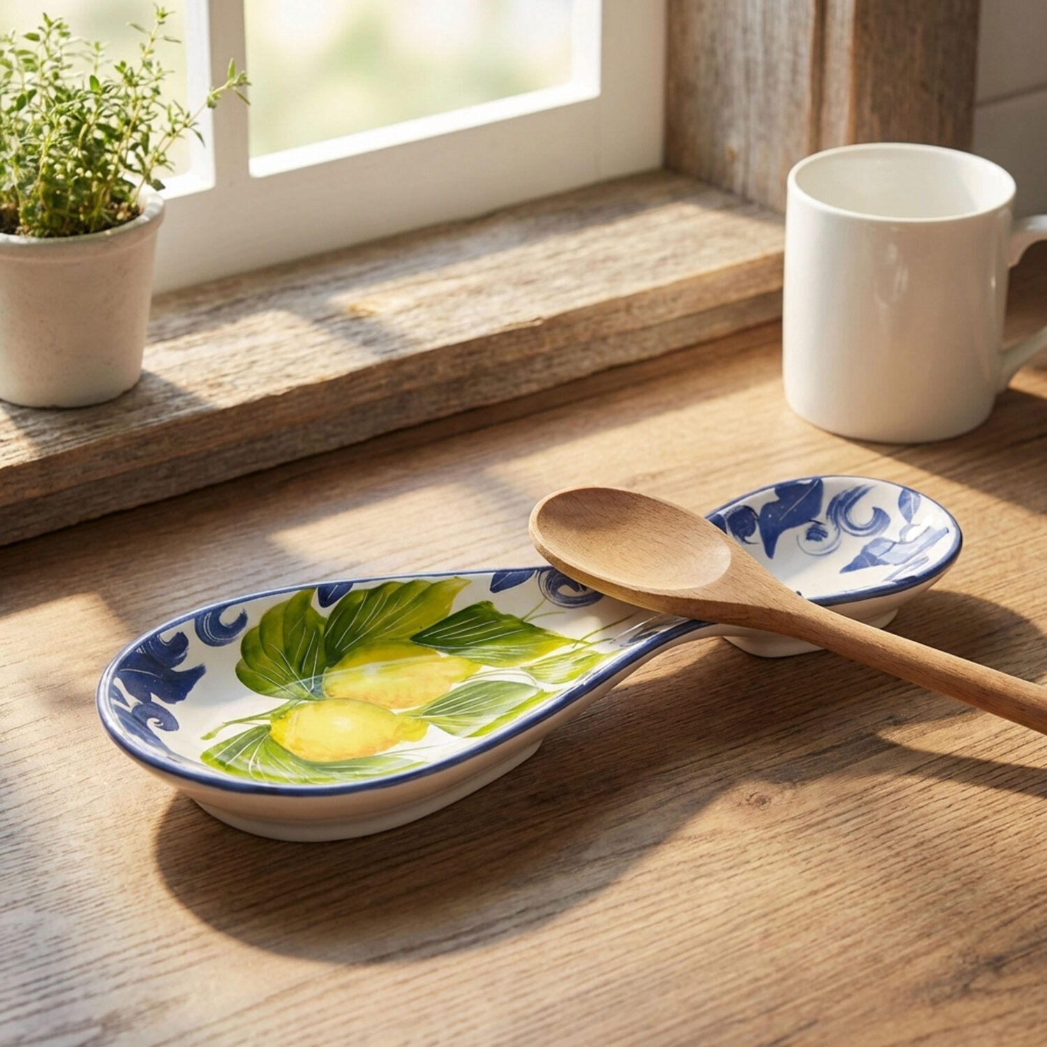 Poggiamestolo in ceramica decorata limoni damascato blu