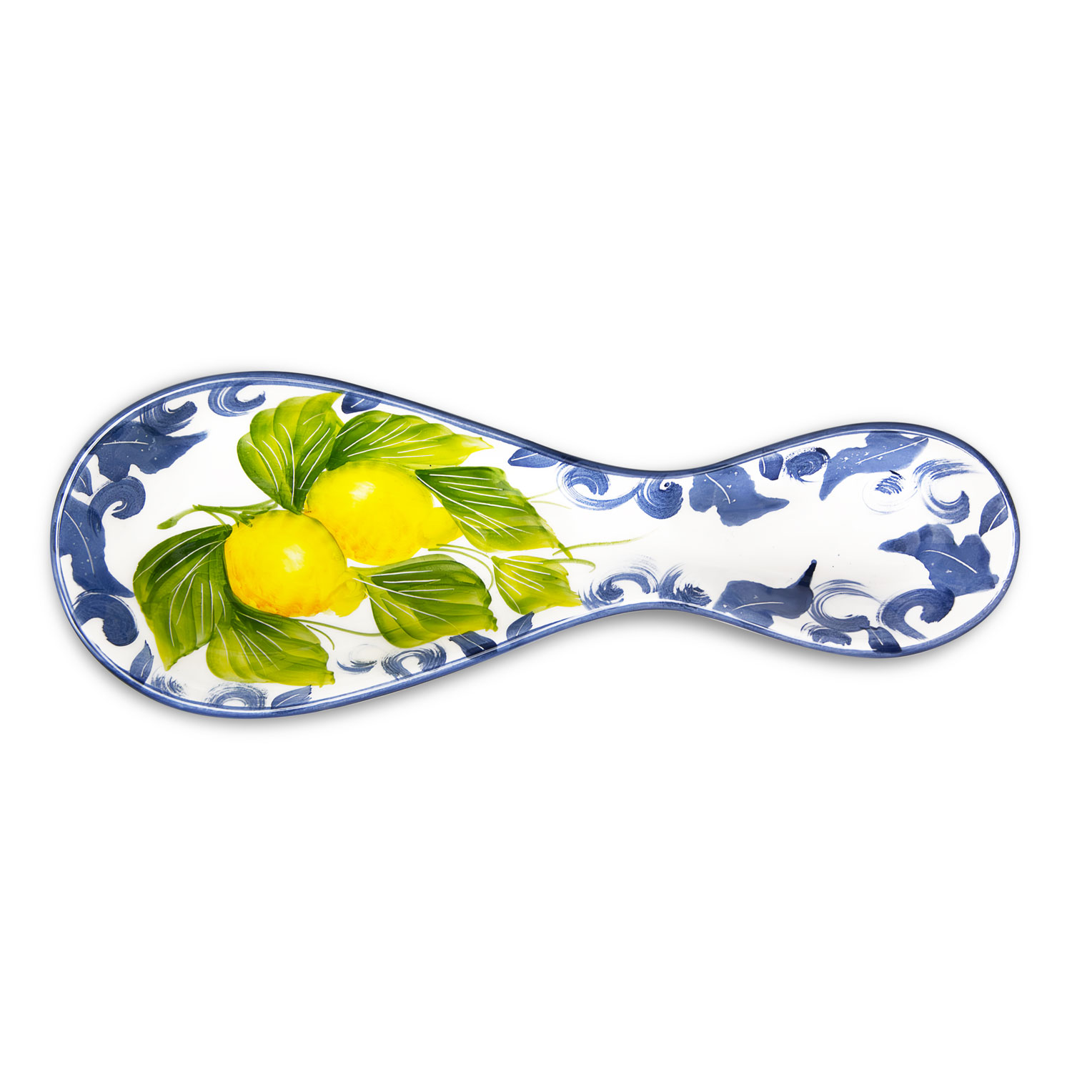 Poggiamestolo in ceramica decorata limoni damascato blu