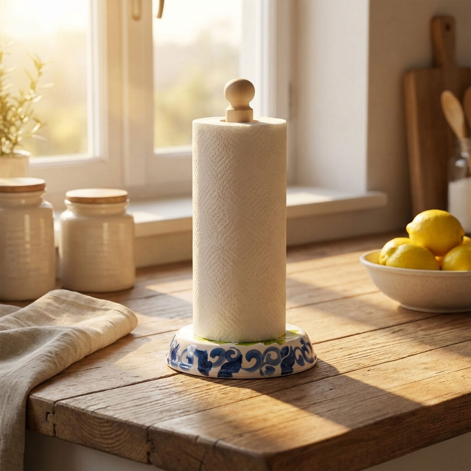 Portarotolo da cucina in ceramica decorata limoni damascato blu