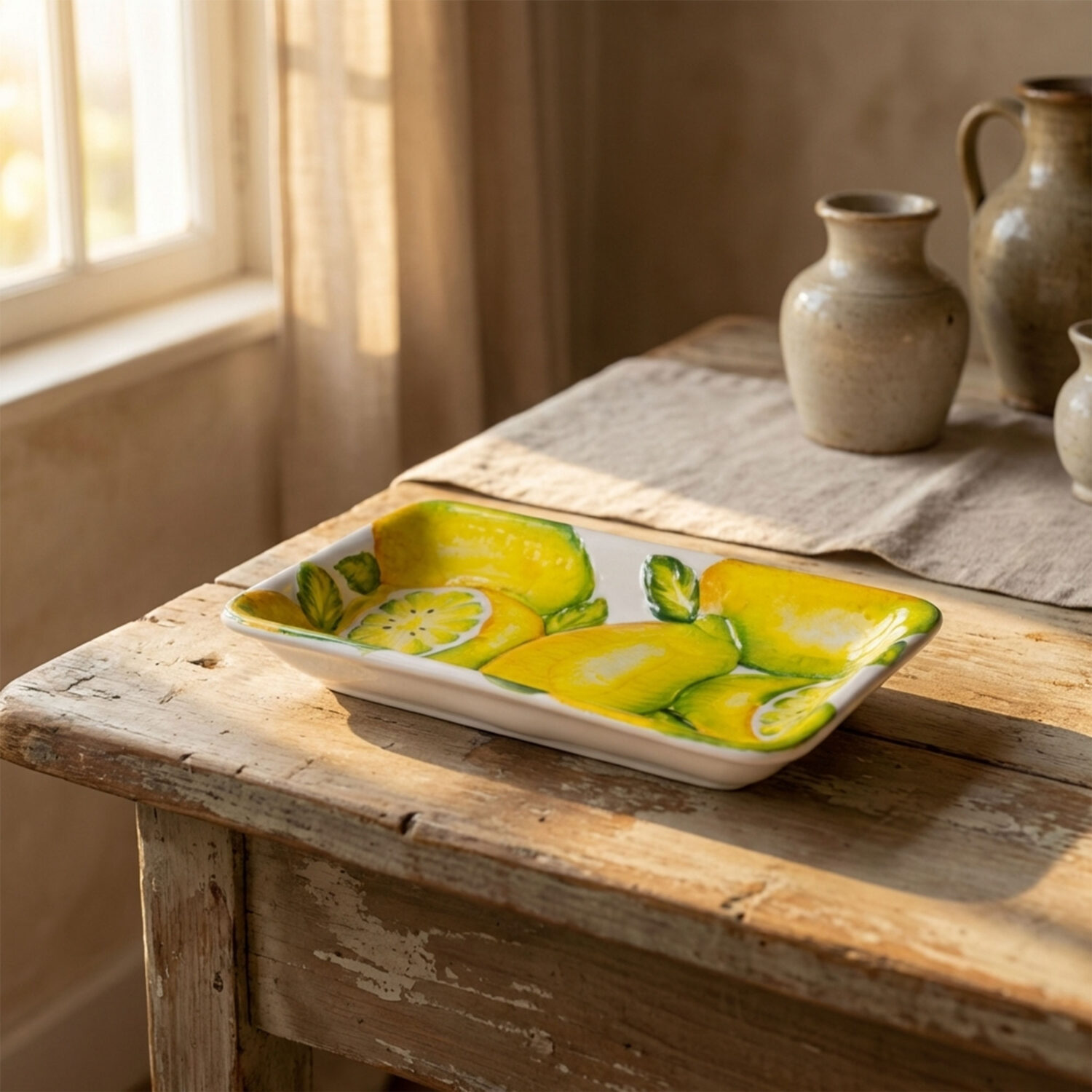 Vaschetta rettangolare in ceramica decorata con limoni in rilievo