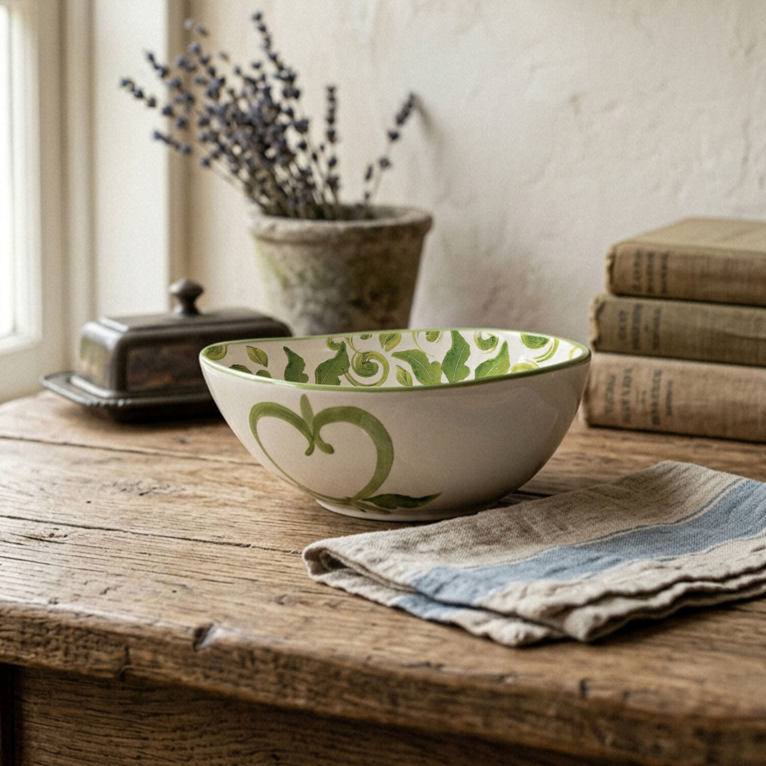 Ciotola in ceramica decorata limoni damascato verde da 19