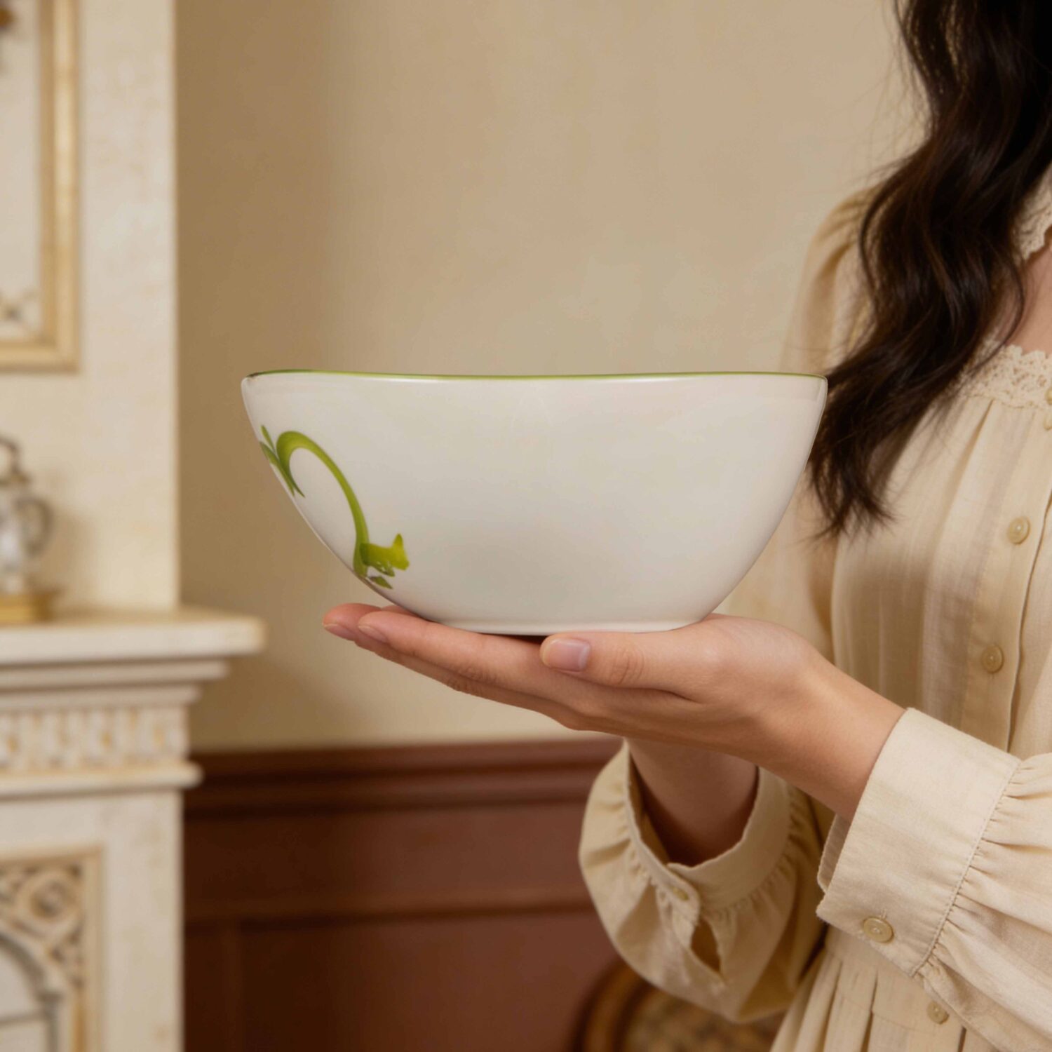 Ciotola in ceramica decorata limoni e damascato verde da 23