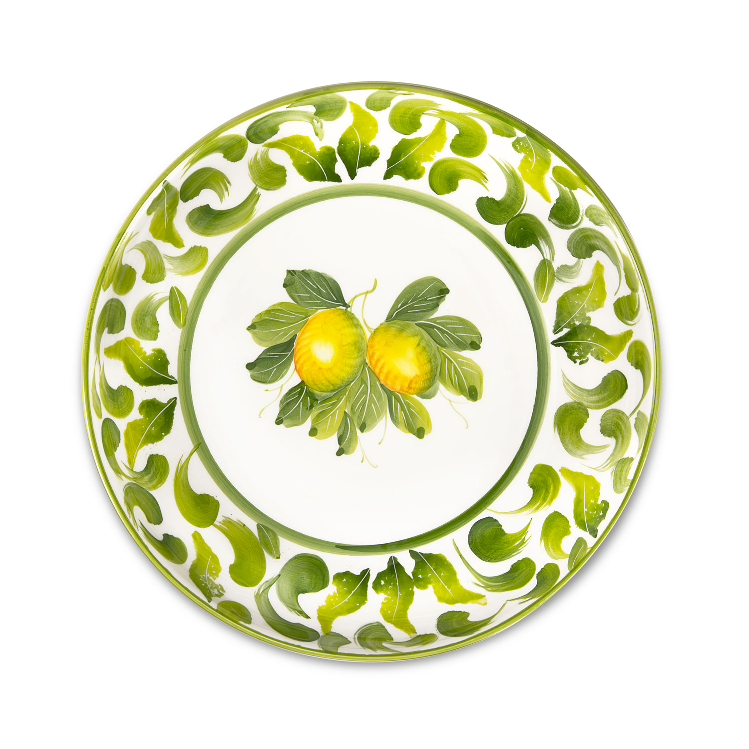 Piatto fondo in ceramica decorata limoni damascato verde