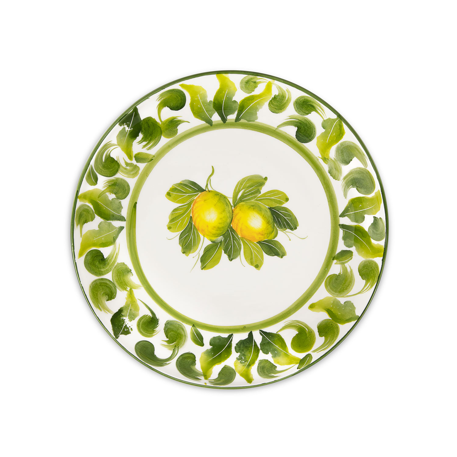 Piatto frutta in ceramica decorata limoni damascato verde