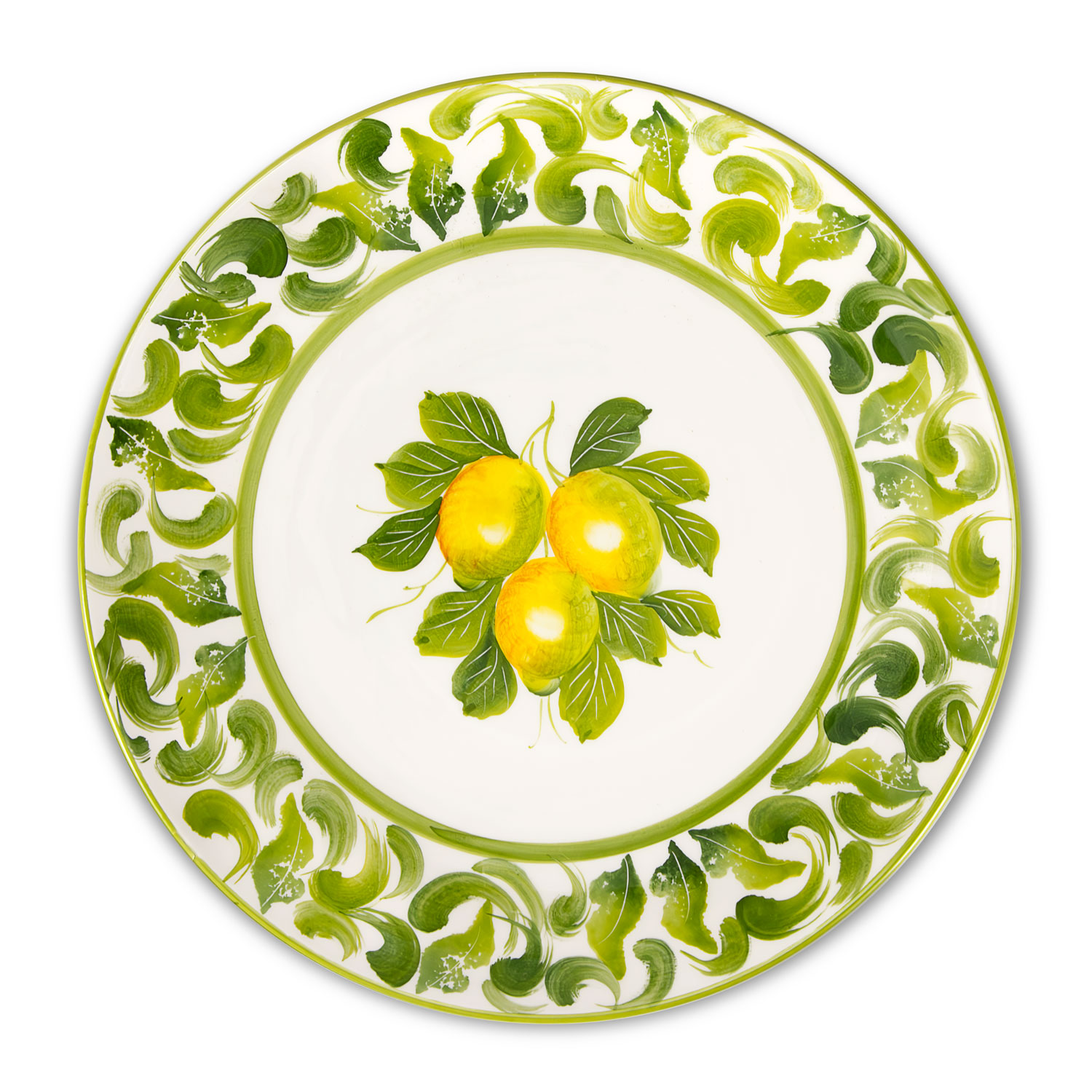 Piatto piano in ceramica decorata limoni e damascato verde