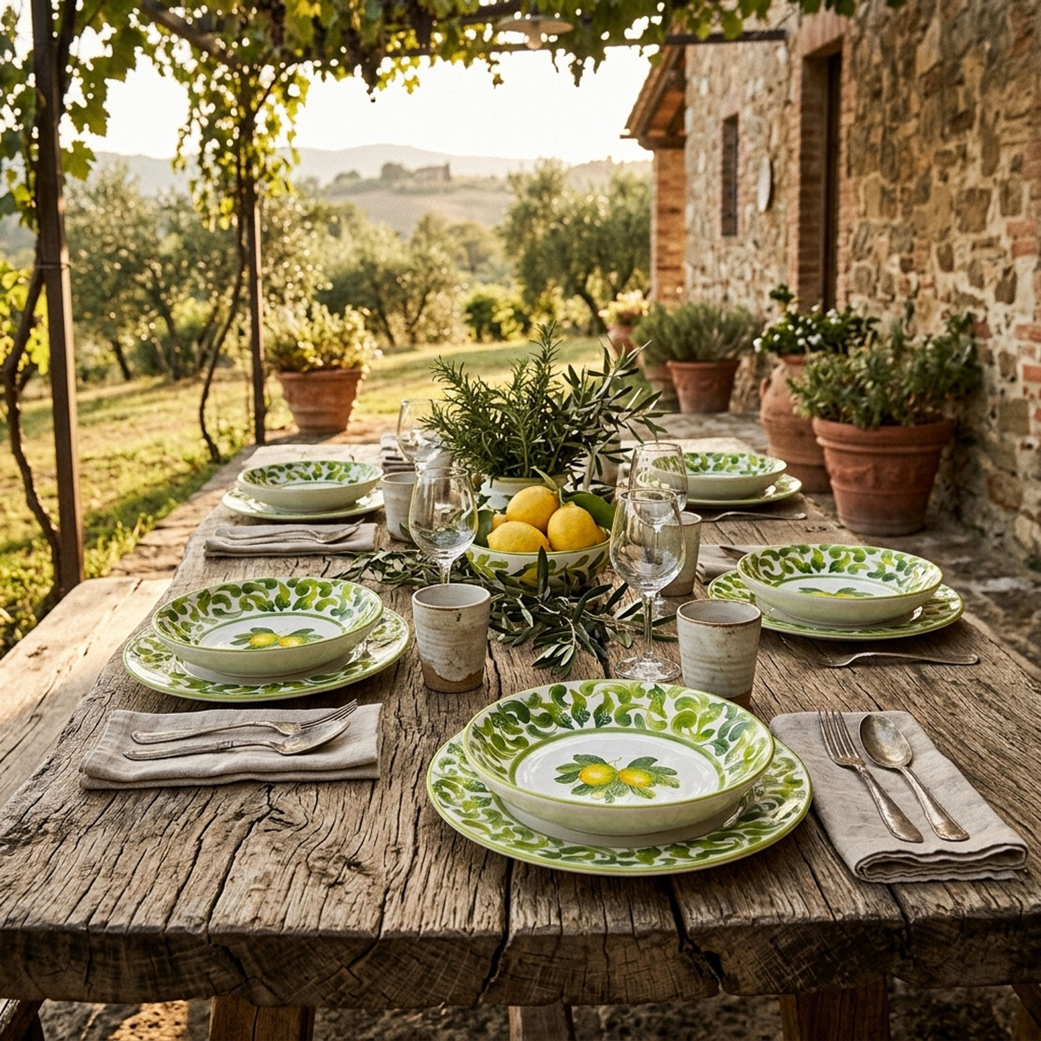 Piatto fondo in ceramica decorata limoni damascato verde