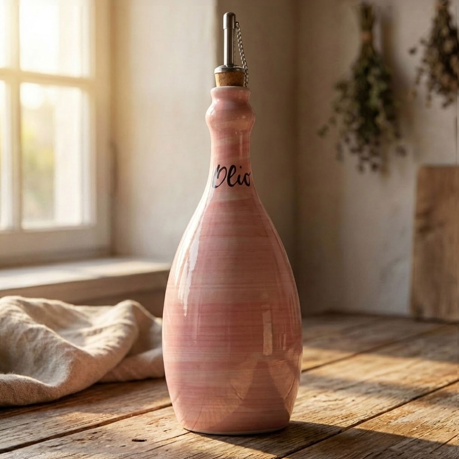 Bottiglia olio in ceramica decorata rosa 750 ml