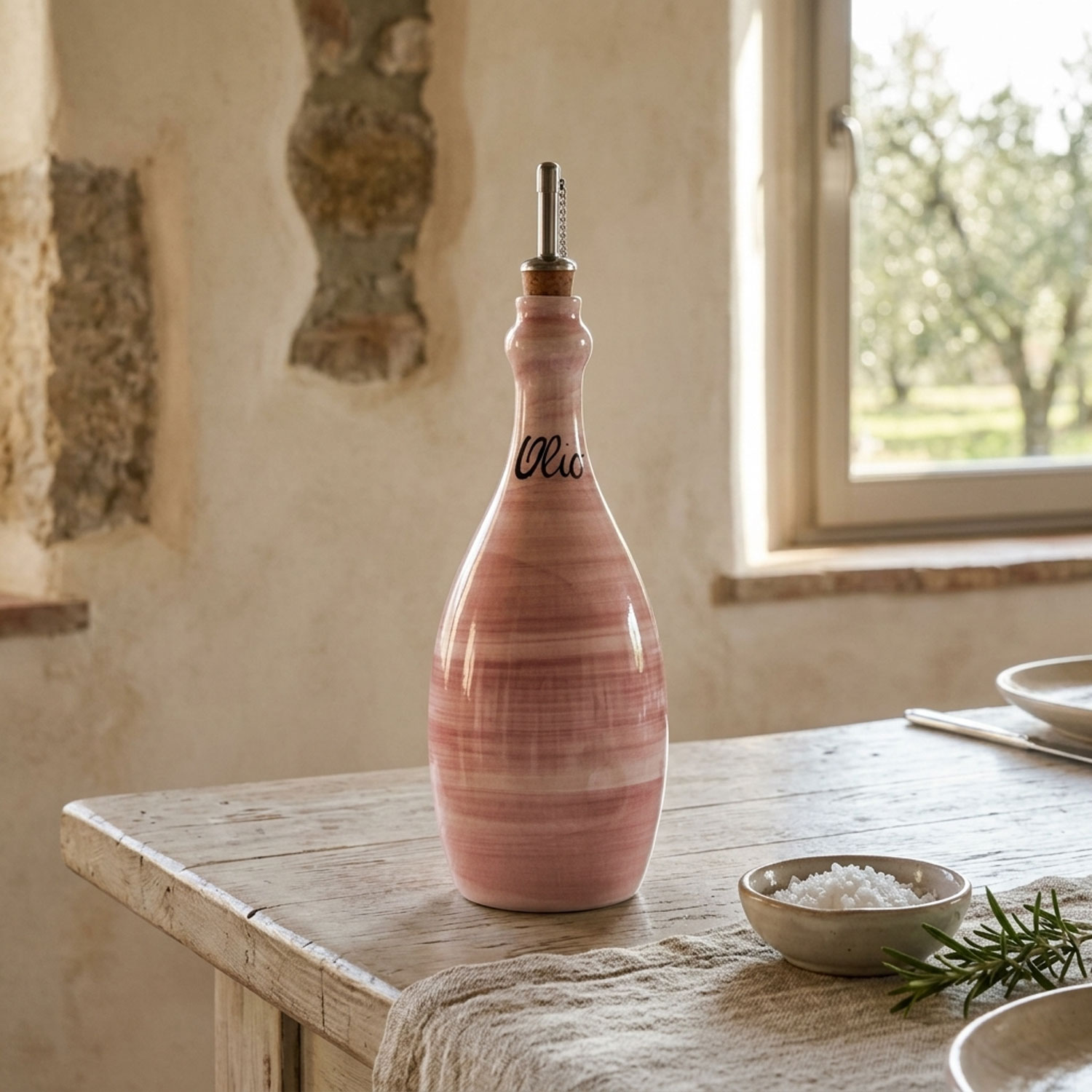 Bottiglia olio in ceramica decorata rosa 750 ml