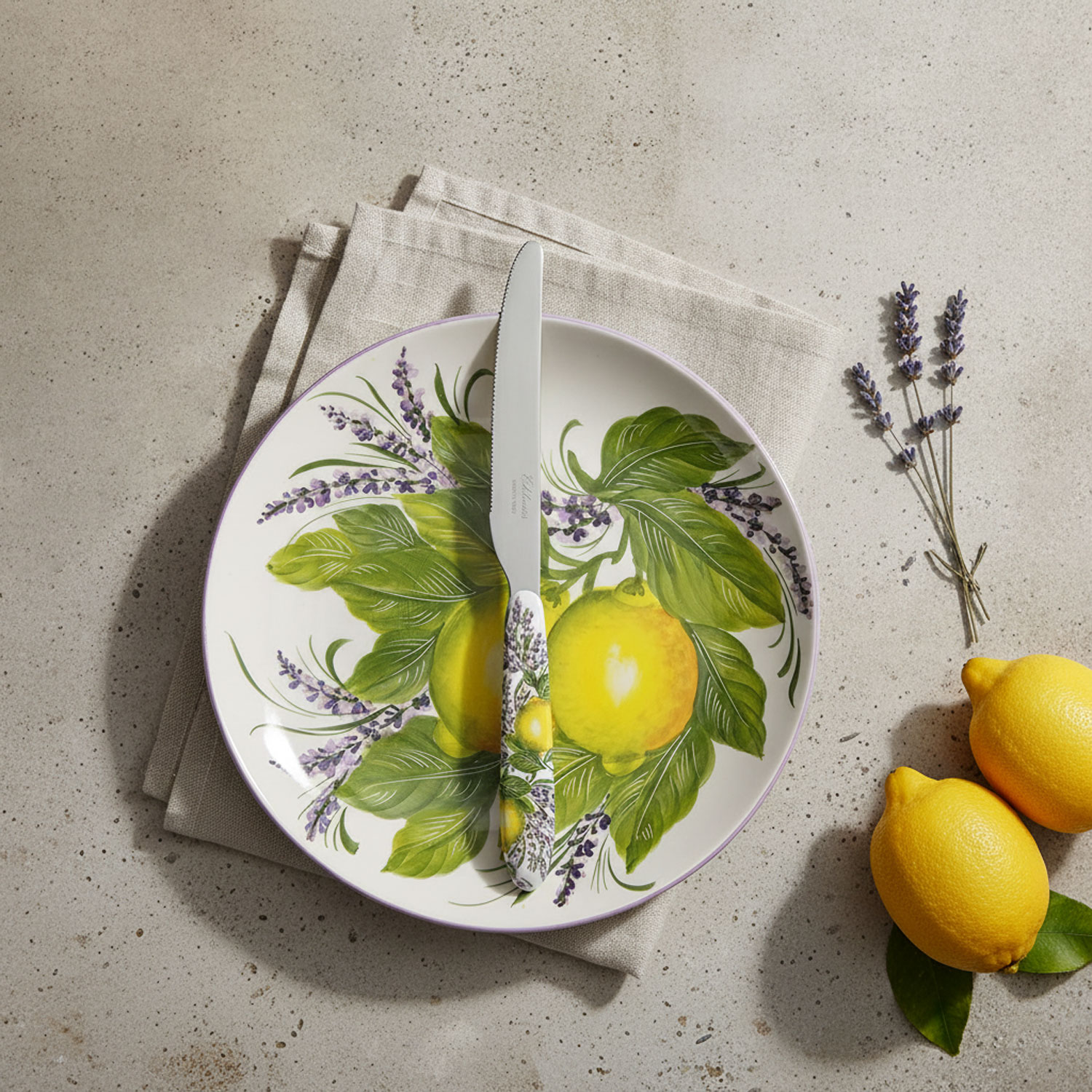 Table knife with lemons and lavender