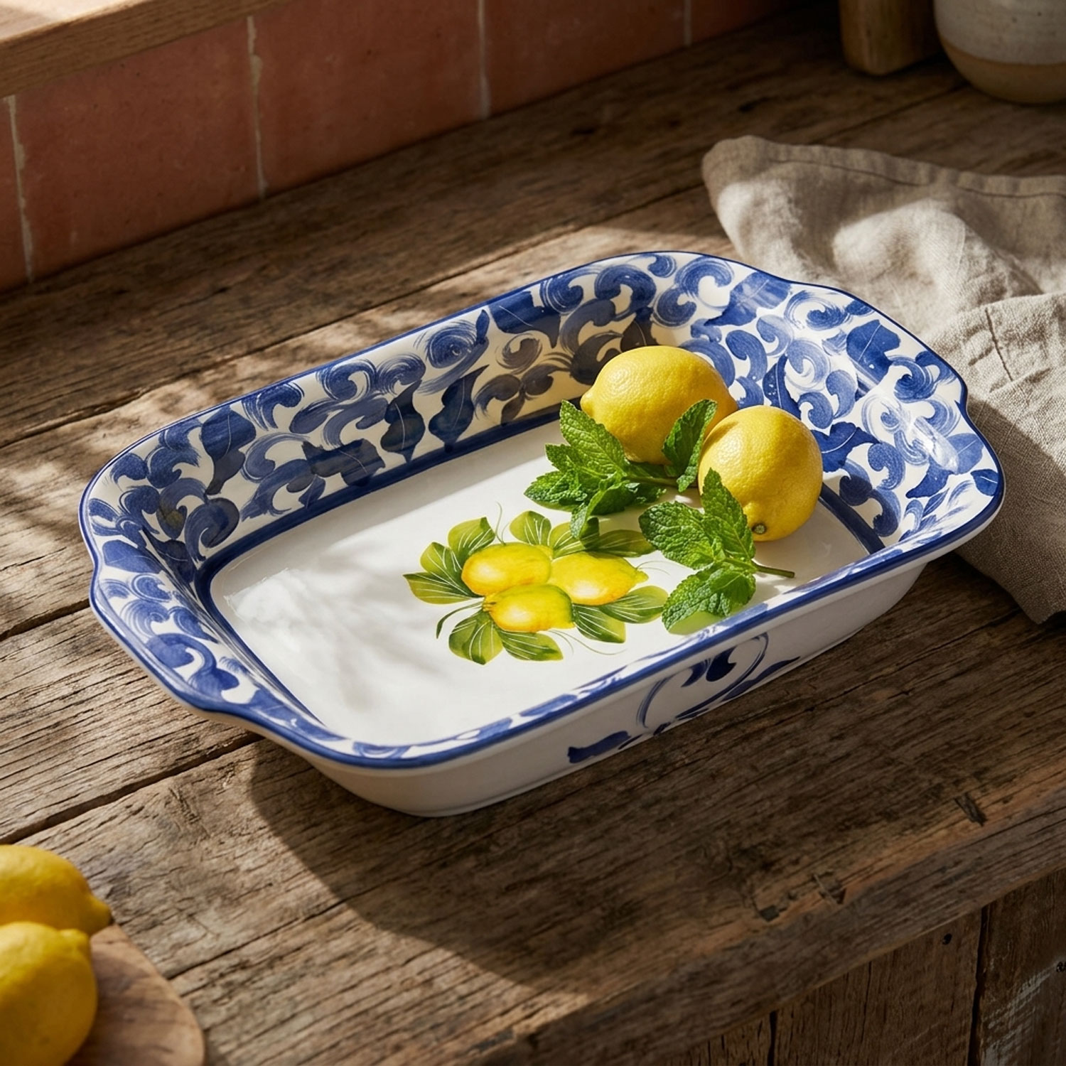 Serving tray with lemons and blue damask