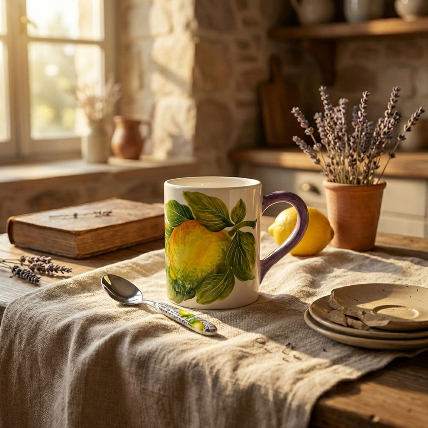 Tazza in ceramica decorata limoni e lavanda