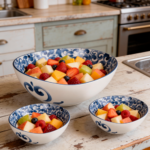 set macedonia in ceramica dipinta a mano, limoni damascato blu hand-painted ceramic fruit bowl set, blue damask lemons Set Obstschale aus handbemalter Keramik, Zitronen, blau damastiert