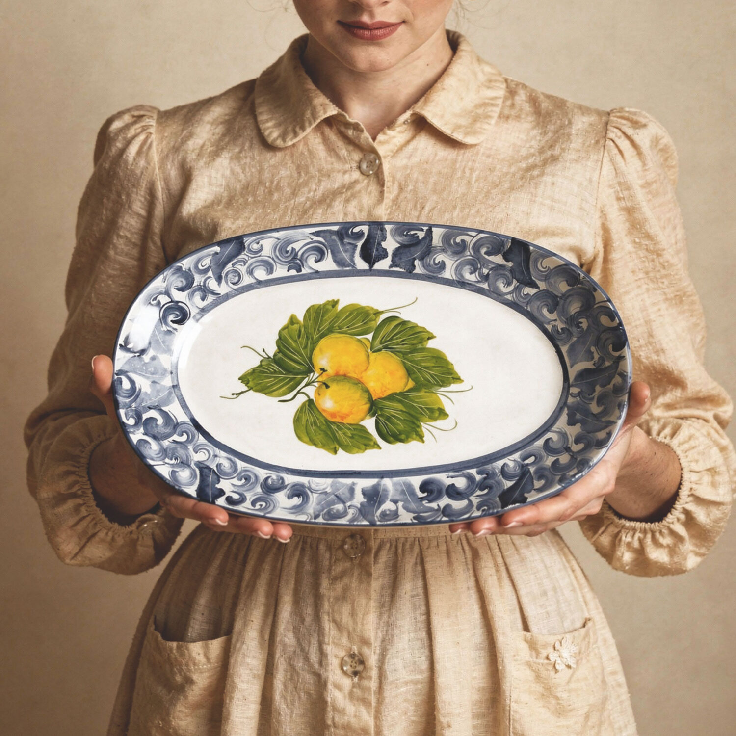 Tablett mit Zitronen Damast blau