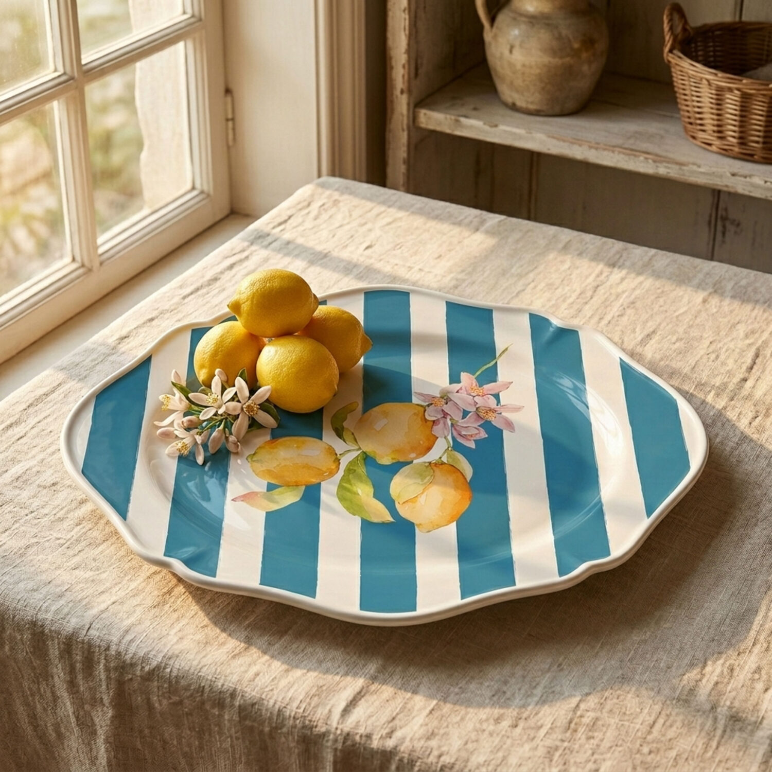 Citrus serving tray blue stripes