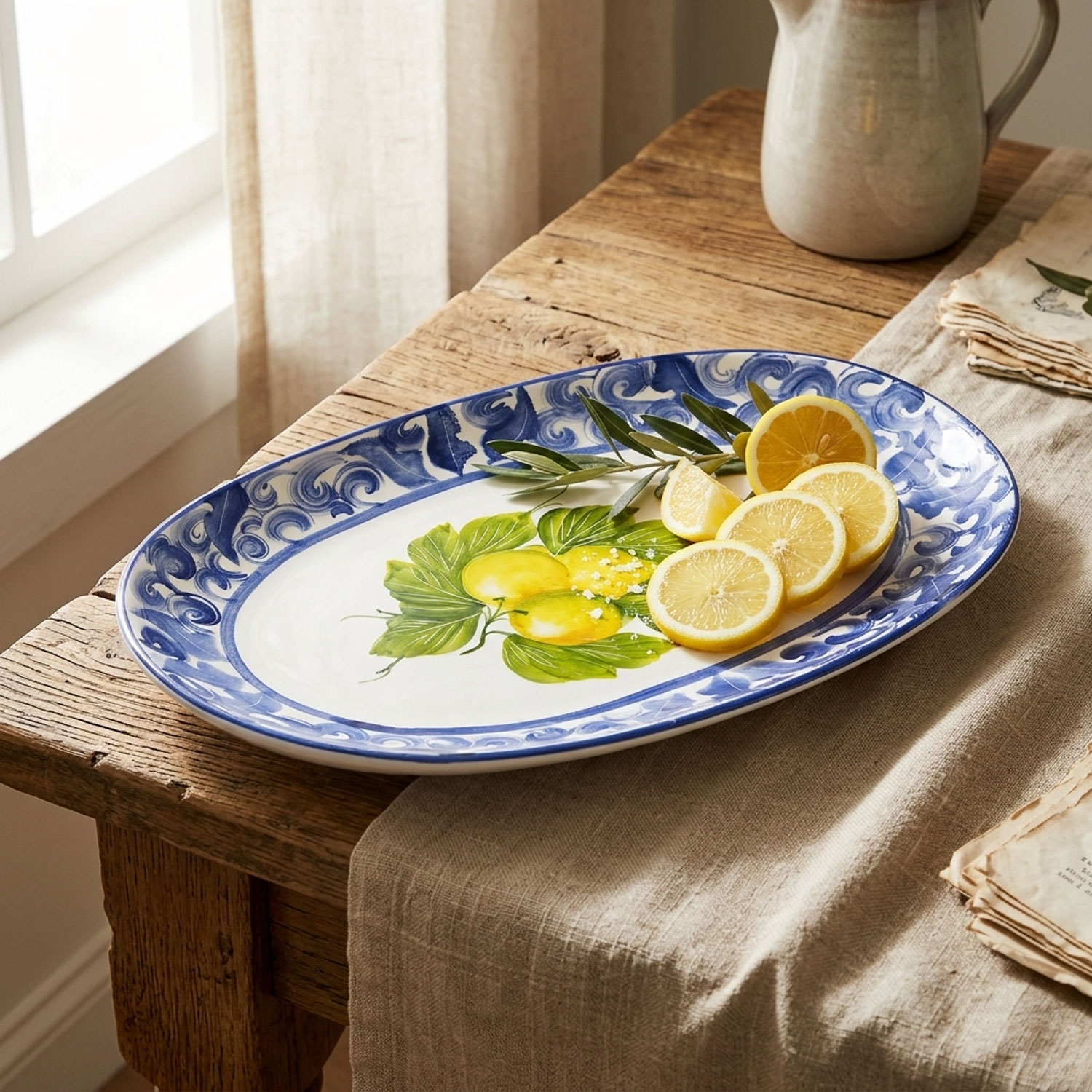 Serving tray with blue damask & lemons