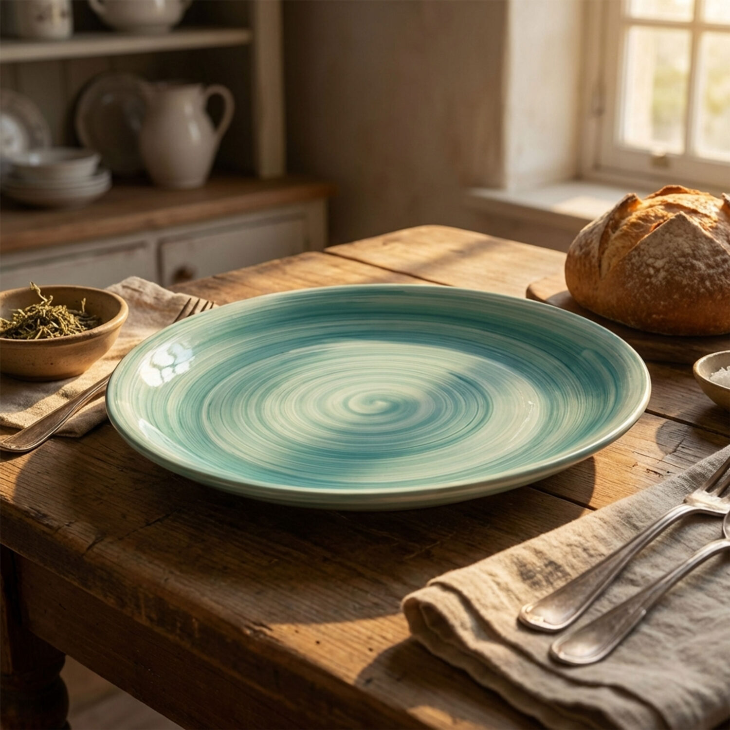 Piatto piano in ceramica decorata tiffany